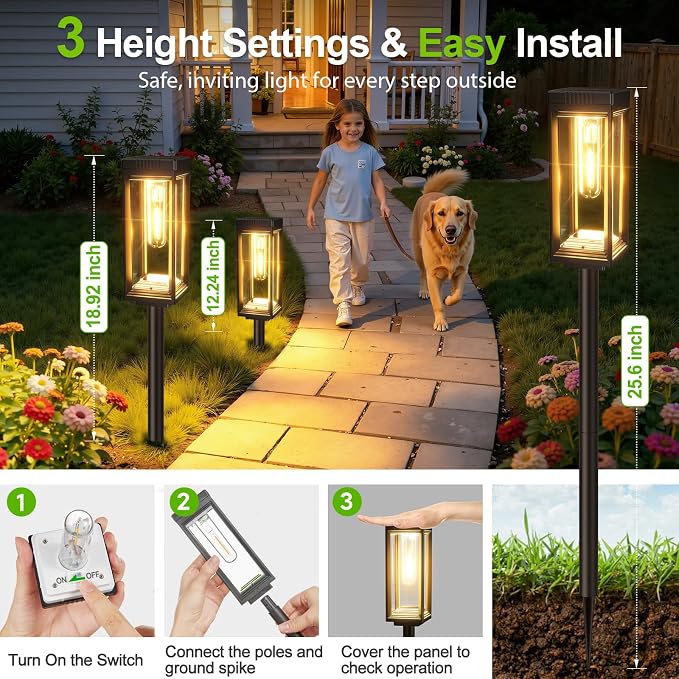 Tall Solar Pathway Lights Outdoor Waterproof, Bright Garden Lights Solar Powered, Auto On/Off, Up to 15Hrs Outdoor Light for Path Yard Walkway Driveway Patio Lawn Decor Landscape, 8 Pack