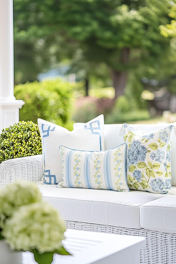 Hofdeco Premium Coastal Patio Indoor Outdoor Lumbar Pillow Cover Only, 12"x20" Water Repellent for Backyard, Couch, Baby Blue Print Stripe Floral
