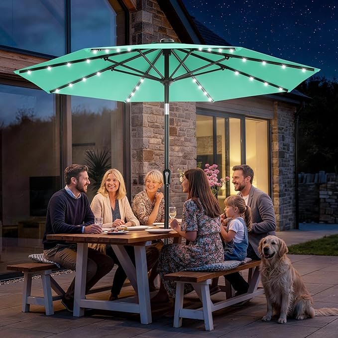 AreShark 9FT Patio Umbrella with Solar Lights, 32 Lighted Pool Umbrella w/Tilt and Crank, Outdoor Market Solar Umbrellas for Garden, Deck, Backyard, Pool and Beach, Cerulean