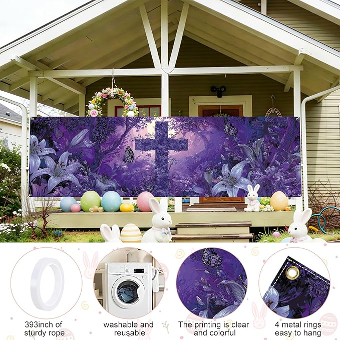 Purple Christian Cross Fence Banner 118 x 35 Inch, Large Waterproof Outdoor Religious Floral Banner with Lilies & Butterflies for Yard Church Decorations