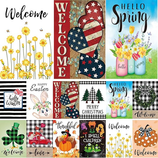 Seasonal Garden Flags Set of 12 Double Sided 12 x 18 Inch Yard Flags, Small Garden Flags for Outside, Spring 4th of July Easter Seasonal Flags for Outdoor Decorations,Holiday Garden Flags for All Seasons