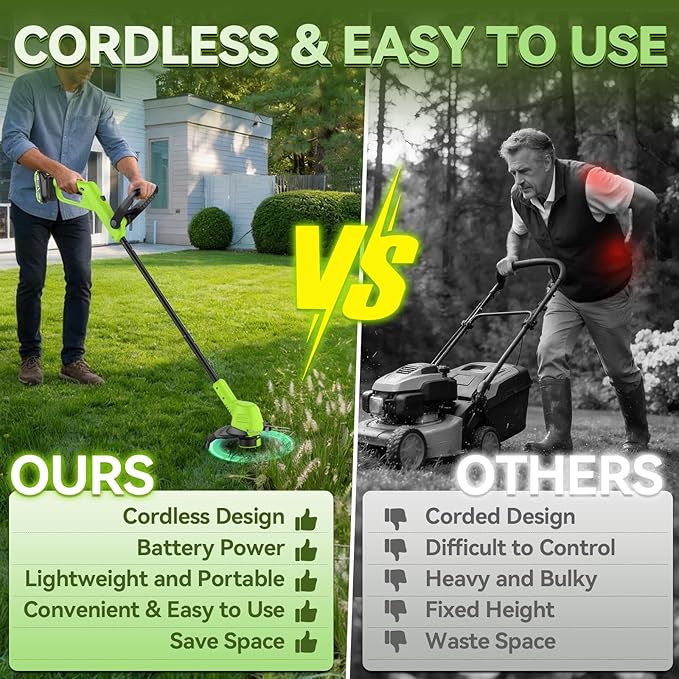 GOODJOB 20V 12" Cordless Weed Wacker, 3.5LBs Ultra-Lightweight Weed Eater, 180° Pivoting Head 3-in-1 String Trimmer & Lawn Edger with (2) 2.0Ah Batteries and Auto-Feed for Non-Stop Yard Work