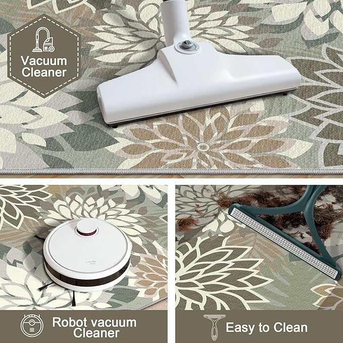 2x6 Washable Runner Rug for Hallway Tropical Botanical Modern Floral Chenille Kitchen Rugs Low Pile Non Slip Carpet for Patio, Bedroom, Laundry, Taupe