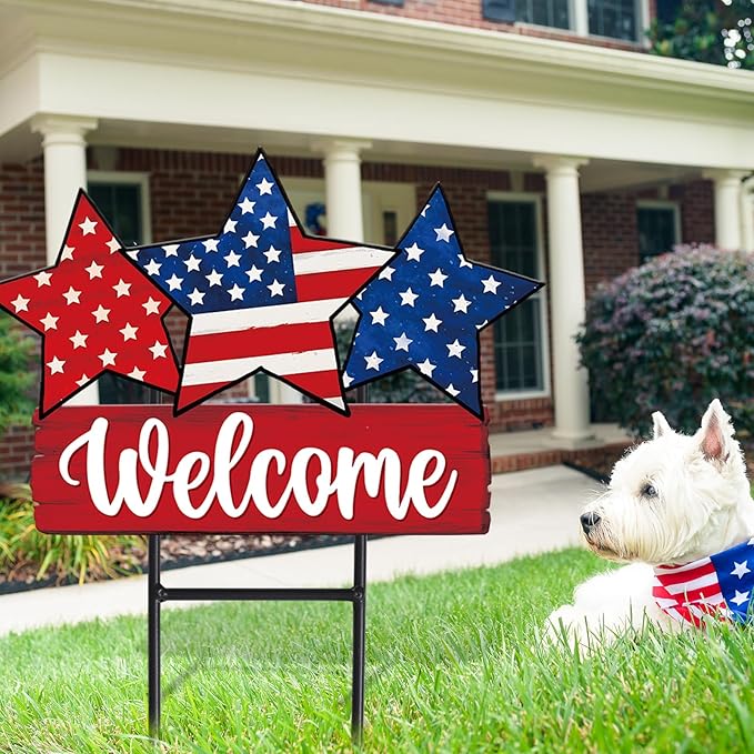JarThenaAMCS Patriotic Metal Garden Stakes Vintage 4th of July Star Decorative Lawn Sign Welcome Yard Sign for 250th Anniversary Independence Day Home Outside Lawn Porch Decor