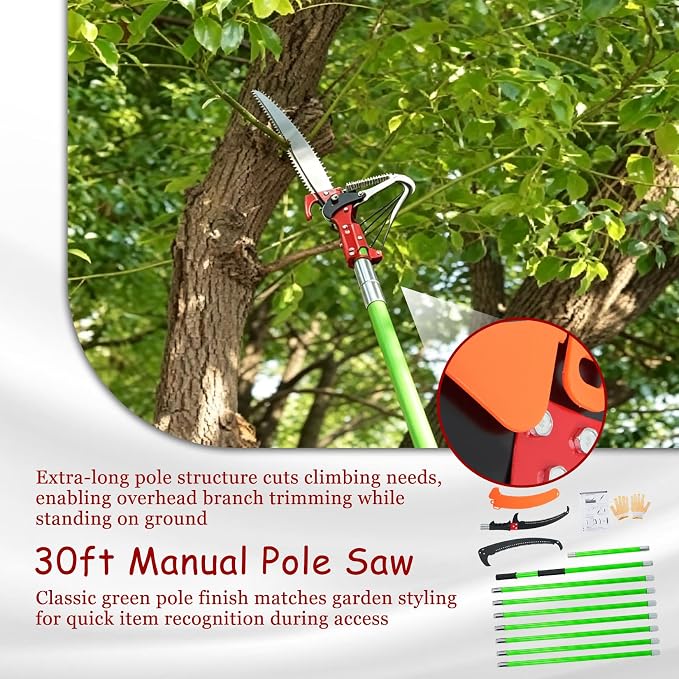 findmall 30ft Manual Pole Saw Extendable Tree Pruner Sharp Steel Blade High Branches Trimming for Pruning Palms and Shrubs with 9 Long Handles No with Scissors Green