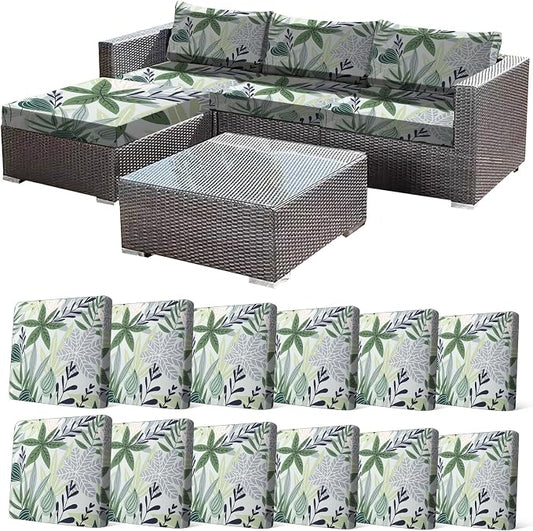 CALBODE 12 Pcs Stretch Outdoor Seat Cushion Covers, Washable Chair Seat Cover for Patio Furniture Cushions Soft Indoor and Outdoor Couch Cover Replacement (Green Leaves, Cover Only)