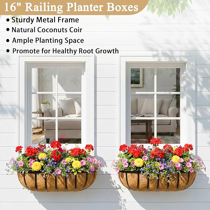 Window Box Railing Planter with Coco Liner 2 Pack 16 Inch Metal Hanging Flower Planter Deck Railing Planters Boxes for Balcony Outdoor Plants Fence Porch Patio
