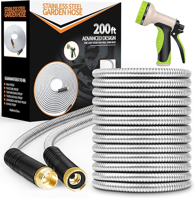 Unywarse Garden Hose 200ft, Stainless Steel Heavy Duty Water Hose with 10 Function Nozzle Flexible, Lightweight, No-Kink, Pet Proof, Puncture Proof Metal Hose for Yard, Outdoor