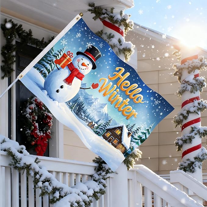 3x5ft Hello Winter Flag – Double-Sided Christmas Yard Flag with 2 Brass Grommets & White Sleeve, Outdoor Holiday Decoration for Garden, Porch, and Patio