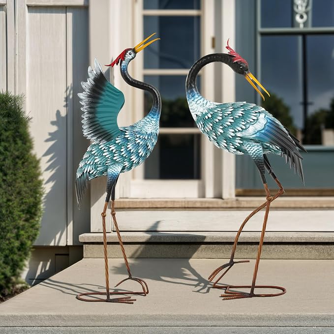 Extra-Large Crane Statue, 36.8" Handcrafted Metal Blue Heron Decor Sculptures with Stable U-Ground Stakes, Backyard Decoration, Metal Garden Bird Animal Yard Art, Lawn Ornament Decor