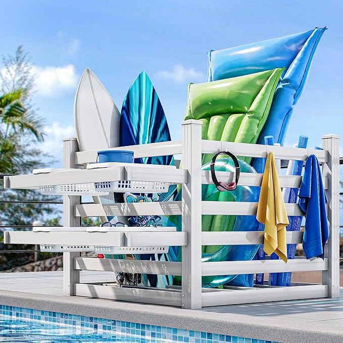 YITAHOME 64" W x 47" L x 39" H Poolside Deckbox Storage Organizer with 6 Movable Hooks, Outdoor Waterproof Pool Storage Bins