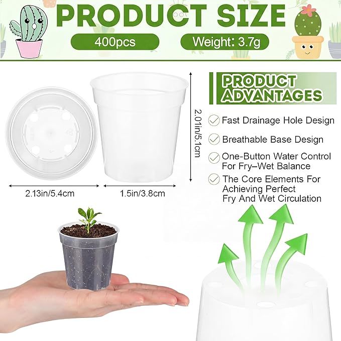 Domensi 400 Pcs 2inch Clear Nursery Pots, Mini Plastic Plant Pot Nursery Seedling Pot with Drainage Holes for Seeds Starter, Indoor Outdoor Garden Vegetables Flowers Seedlings, Gardening Gifts