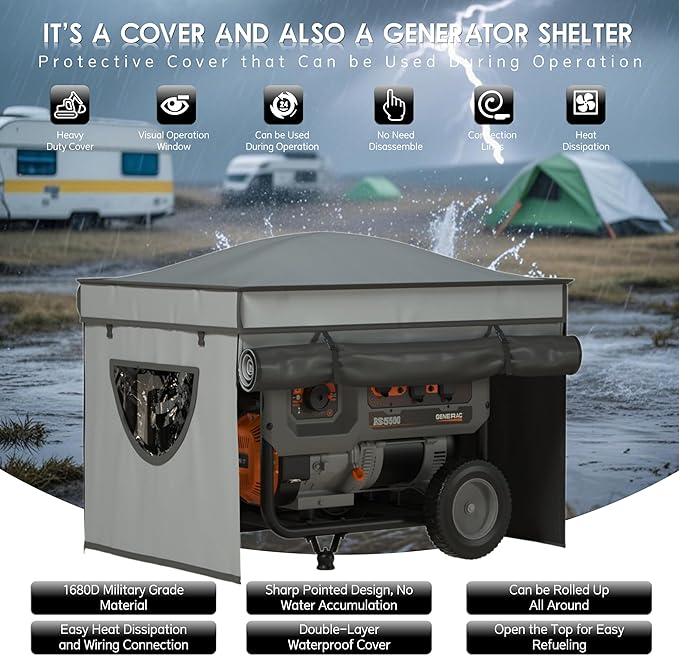 Generator Tent with Bracket, Generator Covers While Running, Waterproof Heavy Duty Tarps, Rooftop Design No Water Accumulation, 1680D+210D Double Layer, 28" x20" x20", Gray