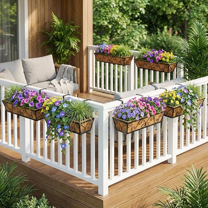 24 Inch Railing Planter Box 6 Pack, Adjustable Window Metal Box Planter with Coco Liner, Hanging Flower Planter for Balcony Deck Fence Porch Patio, Black