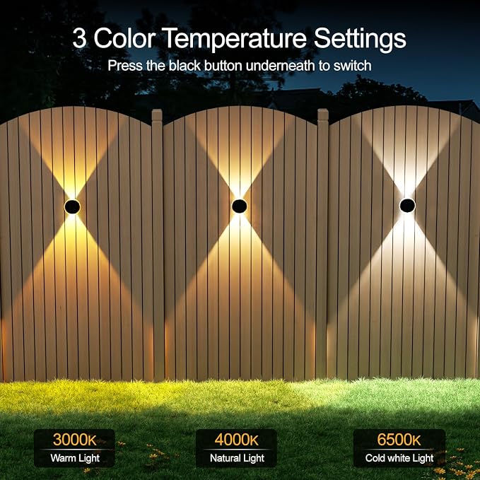 Ellasay Fence Solar Lights: 360° Circular Lighting Solar Powered Wall Lights 12 Hours Long Runtime Up and Down Waterproof IP65 & 3 Modes High Brightness LED Focus Lens for Patio/Yard - 4 Pack