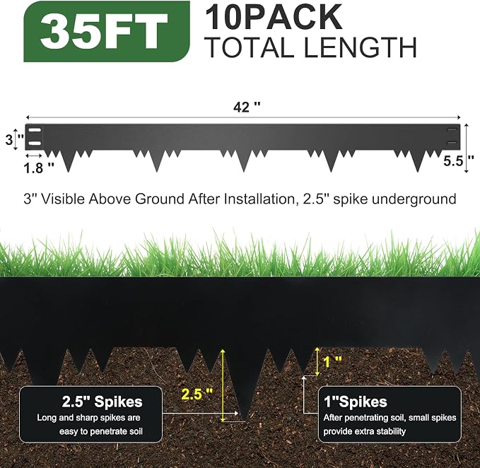 Metal Landscape Edging Border 10 Packs 42'' L x 5.5'' H, Galvanized Steel Garden Edging Border with 10 Stakes, Hammer-in Lawn Edging for Landscaping, Flower Bed, Yard, Pathway, Tree Ring (35ft Total)