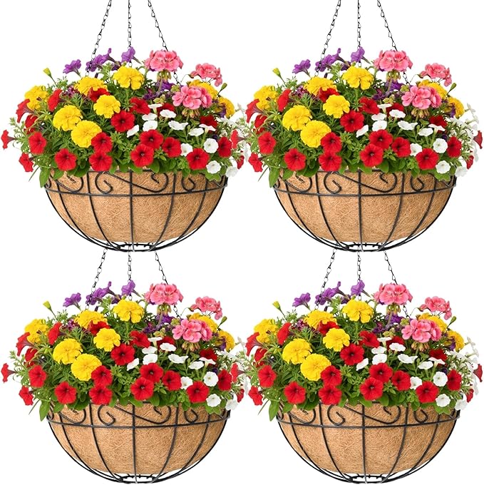 4 Pack 10 Inch Hanging Baskets for Plants Outdoor Metal Hanging Planter Basket with Coco Coir Liner Hanging Flower Baskets Hangings Flower Pots Holder for Garden, Patio(Flower)