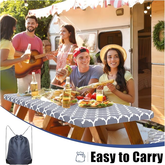 Smiry Picnic Table Cover with Bench Covers, Waterproof Elastic Fitted Tablecloth for 4 Foot Tables, Washable Polyester Tablecloths for Camping, Indoor & Outdoor (Grey, 24x48 Inch 3-pc Set)
