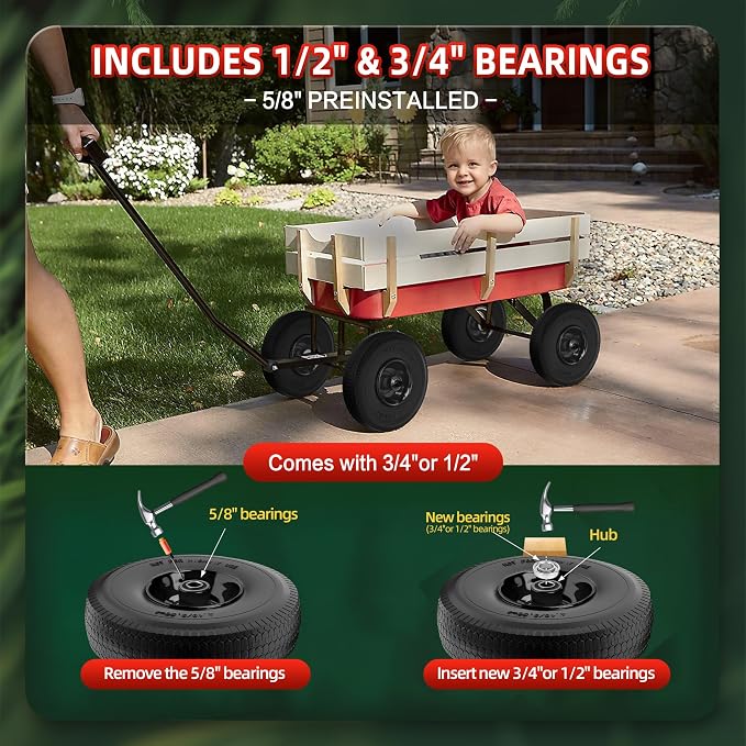 4.10/3.50-4 Tire and Wheel Flat Free,10-Inch Solid Wheel Replacement with 5/8 Extra 3/4 &1/2 Bearings,2.2" Offset Hub -Compatible with Hand Truck,Wheelbarrow,Dolly(Wave,Black)
