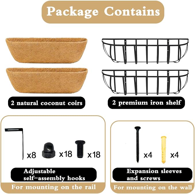 Window Box Railing Planter with Coco Liner 2 Pack 24 Inch Metal Hanging Flower Planter Deck Railing Planters Boxes for Balcony Outdoor Plants Fence Porch Patio