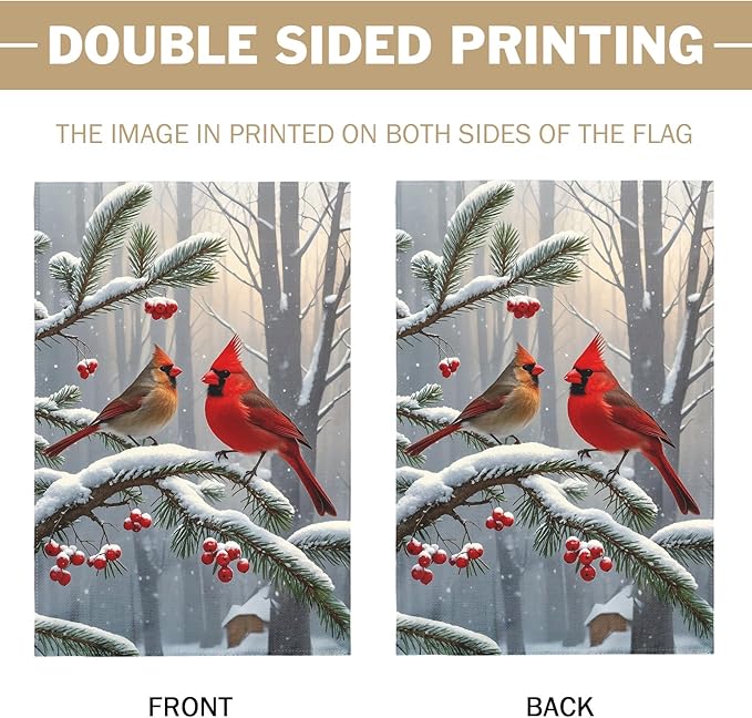 Winter Cardinal Bird Garden Flag 12x18 Inch Red Brown Birds Christmas Holiday Seasonal Theme Decorative Yard Flags for Outside Double Sided Outdoor Home Farmhouse Decoration Porch New Year Decor