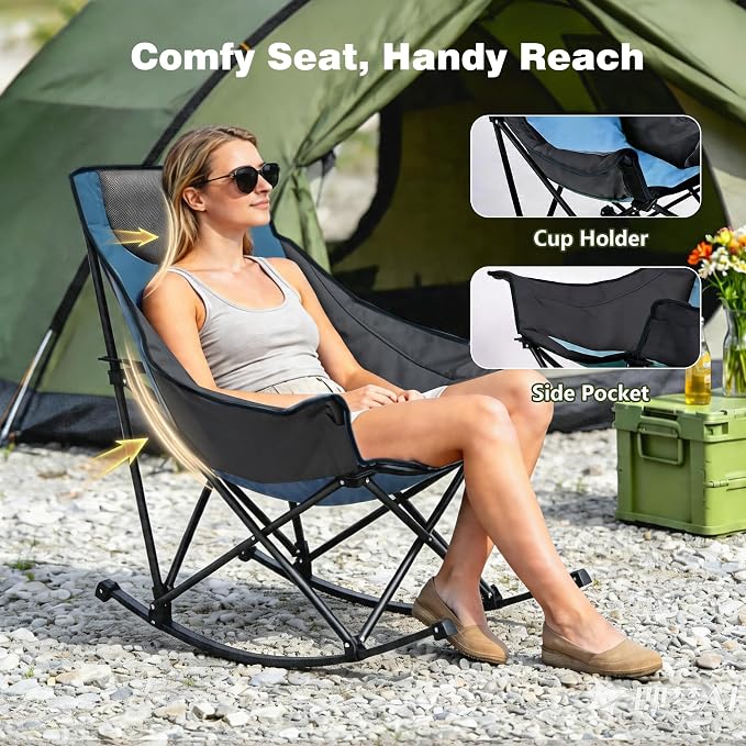 SUNNYFEEL Oversized Rocking Camping Chair 2 Pack, Fully Padded Patio Chair with Side Pocket, High Back Portable Lawn Recliner with Carry Bag, Outdoor Rocker Camp Chairs for Adults Heavy Duty 500 LBS