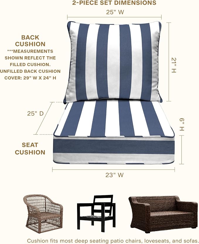 Honeycomb Outdoor Heritage Deep Seat, 23 x 25, Cabana Stripe Blue & White Chair Cushion with Removable Cover, for Patio Furniture