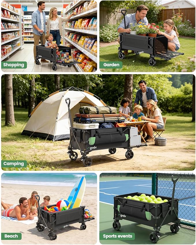 GVDV CW35 Plus Foldable Wagon Cart with Tailgate, 42-Inch Extended Handle Collapsible Utility Wagon, 330LBS Heavy-Duty Cart for Groceries, Camping, Beach, Garden, Sports
