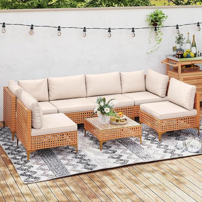 DWVO 7 Pieces Patio Furniture Set, PE Rattan Wicker Patio Conversation Set for Patio Backyard Poolside Porch, Outdoor Sectional Sofa with Coffee Table & Cushions