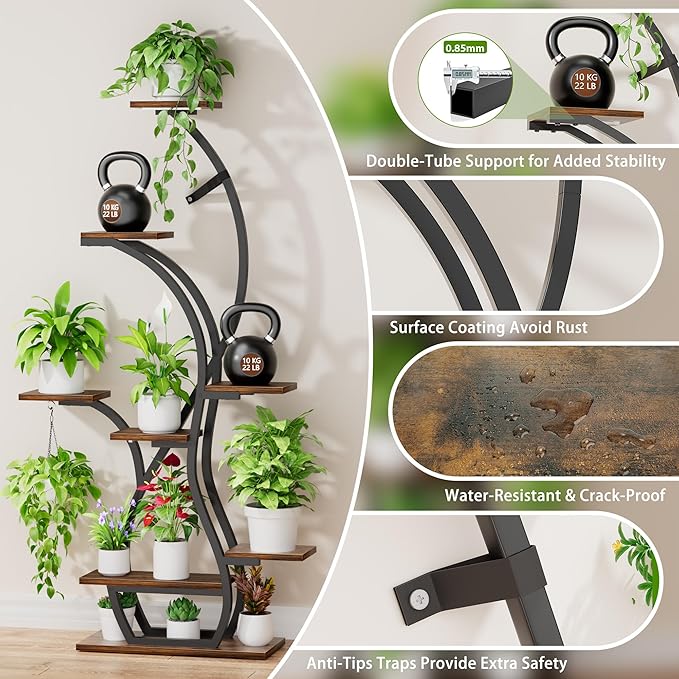 EVAWOO Plant Stand Indoor with Grow Lights - 8 Tiered Corner Plant Shelf Indoor, 65" Tall Lighted Plant Holder for House, Black