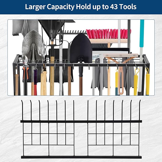 Garden Tool Organizer 2 Tier Yard Storage Rack With14 Hooks,Heavy Duty Holder With 43 Long-Handled Slots,Freestanding Tool Organizers and Storage for Yard Shed and Lawn