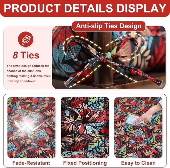 Porch Swing Cushions 48 inch Waterproof & Fade Resistant Thicken 5" Outdoor Swing Cushions 2 Seater Replacement with Backrest & Ties Patio Swing Cushions for Outdoor Furniture (Red Leaves)