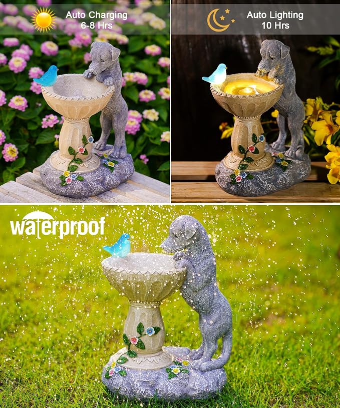 Nacome Solar Dog Statues for Garden Decor: IP65 Waterproof Resin | Outdoor Yard Patio Balcony Front Decorations, Birthday Gifts for Bird Lovers Mom Grandma Women, Automatic Warm LED Light