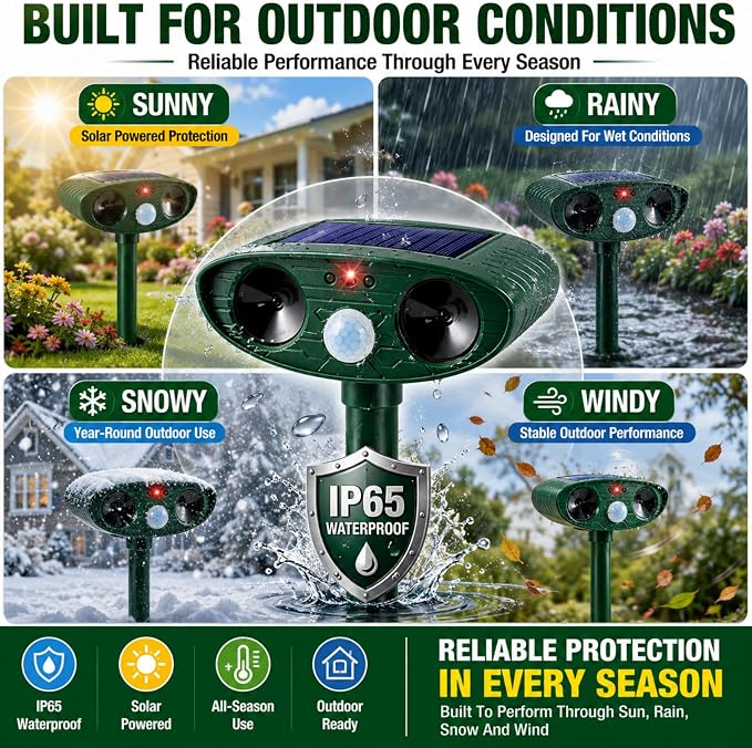 2 Pack Upgraded Sonic Deer Repellent Devices,Solar Ultrasonic Animal Repeller Outdoor for Racoons,Squirrels,Cats,Rabbits,Skunks & Foxes,Waterproof Motion Sensor Animal Deterrent for Garden Yard