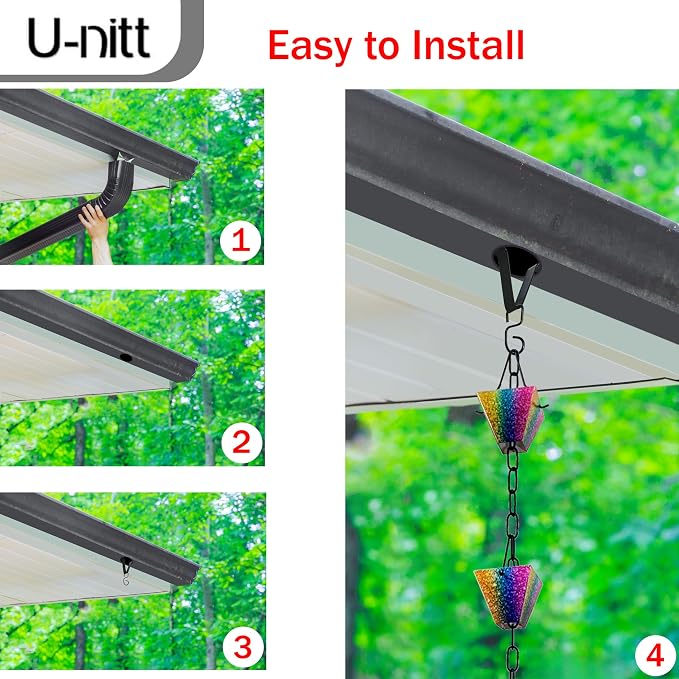 U-nitt Gutter Clip for Rain Chain Installation DIY | Gutter Adapter for Roof Downspout Chain | Water Collection | Black 2 PK, Heavy Metal, 6 X 5 inches, Adjustable, Fits 2 in Gutter Hole