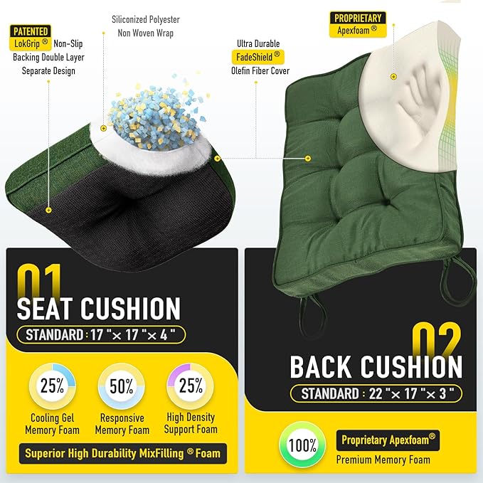 SUNROX Memory Foam Non Slip Rocking Chair Cushion, FadeShield Water Resistant Thicken Durable Tufted Pads, Set of Seat & Back Cushion with Ties for Indoor/Outdoor Rocker, 2 Piece, Army Green