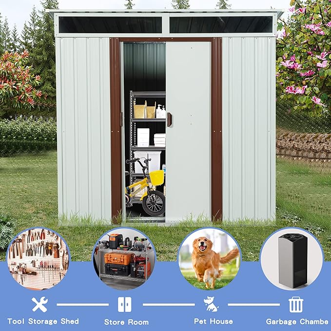 6 x 5 FT Outdoor Metal Storage Shed with Window and Punched Vents,Heavy Duty Storager House w/Sliding Doors & Padlock,Large Waterproof Tool Sheds for Garden,Backyard,Lawn,White