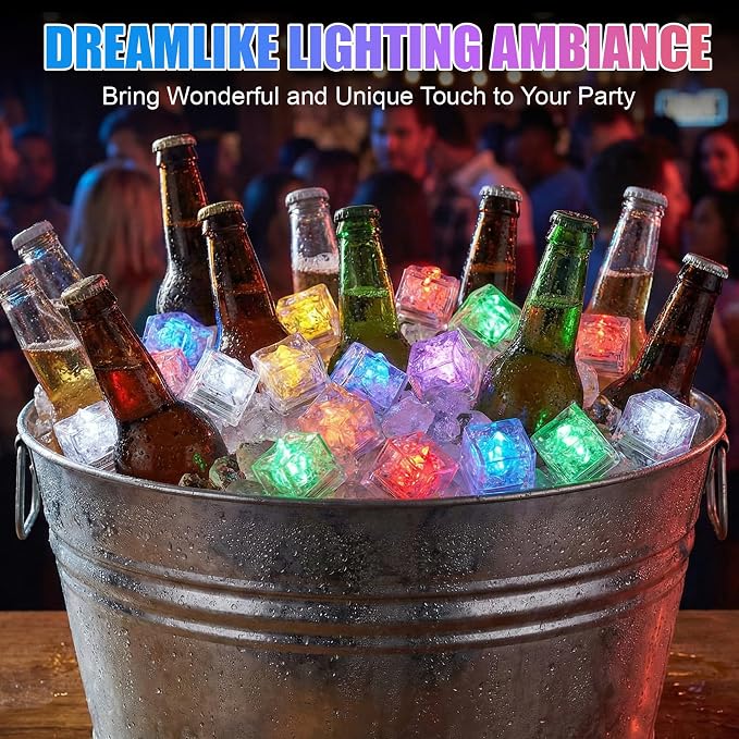 24 Pack Light Up Ice Cubes for Drinks, Multi Color Led Ice Cubes, IP67 Waterproof Reusable, Glowing Flashing Changing Lights, Water Activated Drink Lights for Cocktails Club Party Bar Wedding Decor