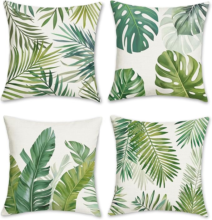 Bonhause Tropical Leaves Throw Pillow Covers 18 x 18 Inch Green Palm Leaf Decorative Pillows Polyester Linen Cushion Cases for Couch Sofa Bed Home Decor Set of 4