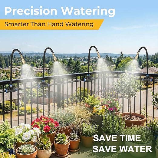 100FT Drip Irrigation Kit for Garden, 360° Adjustable Watering System with 1/4" Tubing, Brass Adjustable Misting Nozzles, DIY Irrigation System for Plants, Lawn, Greenhouse