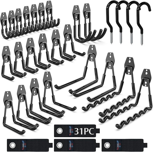 3-H Garage Wall Hooks Heavy Duty 31 Pack, Anti-Slip Steel Wall Mount Storage Hooks for Hanging Ladder Garden Yard Tools, Utility Organizer for Garage Lawn Shed (Black)