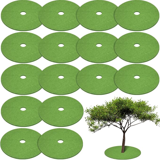 Shimeyao 16 Pcs 32.2 Inch Non Woven Tree Mulch Ring Round Tree Weed Barrier Mat Reusable Landscape Protector Base Barrier Fabric for Weed Root Protection(Grass Green)