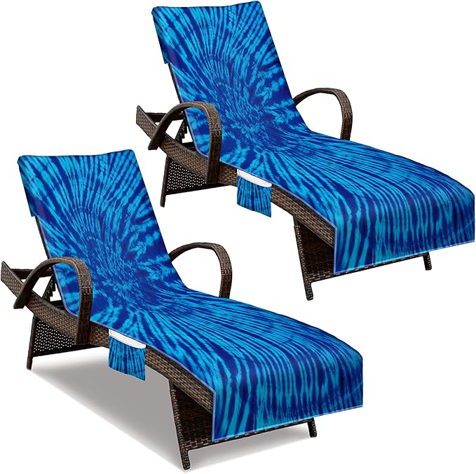 Lounge Chair Towel Cover, Beach Chair Cover (Pack of 2), Pool Lounge Chair Covers for Outdoor,Garden, Beach,Sun Lounger,Hotel Pool,Large Size and No Sliding, 85" X 30", Blue Tie Dye