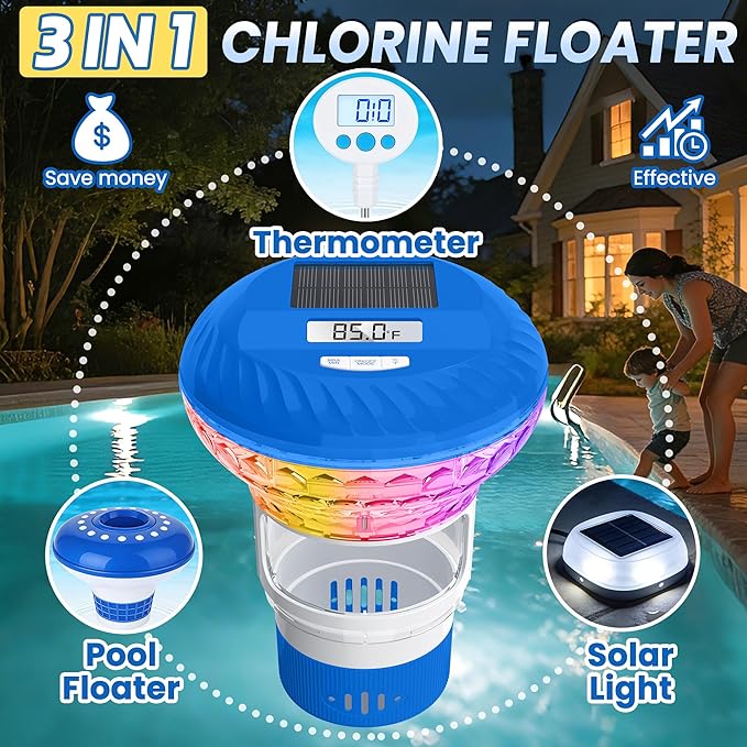 2026 Upgraded Pool Chlorine Floater with Thermometer, Digital Screen Pool Chlorine Floater,Solar Pool Chlorine Floaters with Light, Button Control Floating Chlorine Dispenser for Pool (Blue)