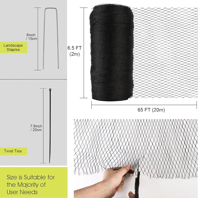 Bird Netting for Garden - 7.5 x 65 FT Heavy Duty Anti Bird Netting Mesh with Ties and Landscape Staples for Vegetable, Fruit Trees & Other Plants, Lasting Against Birds Deer Squirrels and Poultry