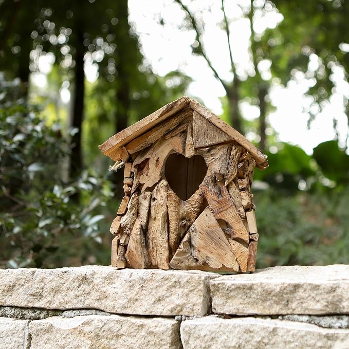 Wood Bird House Squirrel House with 2.36" Heart-Shaped Entry & Hanging Rope, Artistic Cottage-Style Outdoor Bird Feeder Garden Decoration