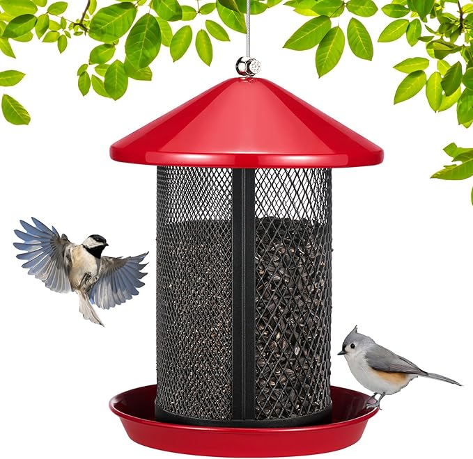 Veehoo Metal Bird Feeder for Outdoors-Dual Seed Chambers & Wild Bird Feeder Hanging Bird Feeder for Outside, Mesh Tube Feeder with Weatherproof Roof for Cardinal Bluebird Finch, Red