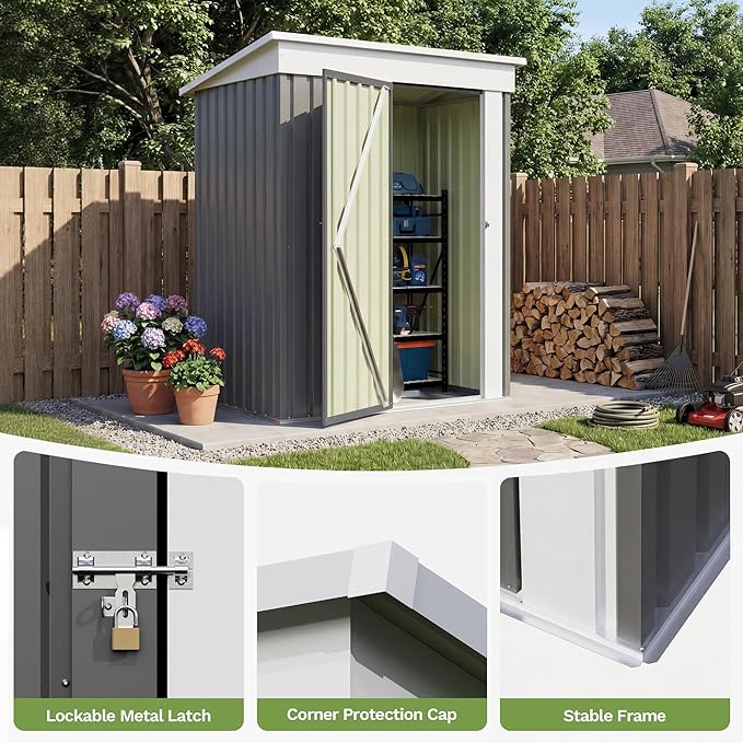 Patiowell 5x3 FT Outdoor Storage Shed with Floor Frame, Small Metal Garden Sheds with Sloping Roof and Lockable Door, Waterproof Patio Tool Shed for Backyard Garden Lawn, Gray