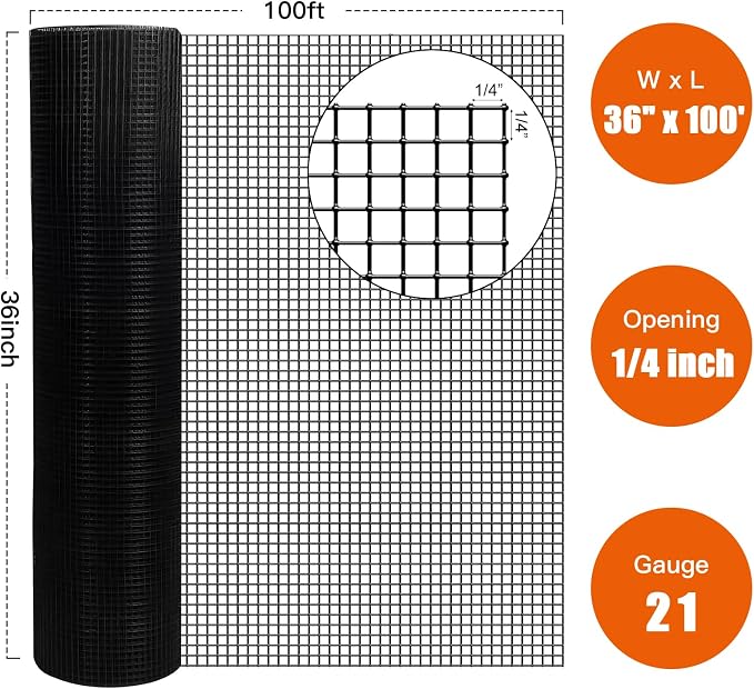 Zevemomo 36" x 100' 1/4inch Hardware Cloth, Black Vinyl Coated Chicken Wire Fence Galvanized Welded Mesh Roll for Home Garden Rabbit Cage