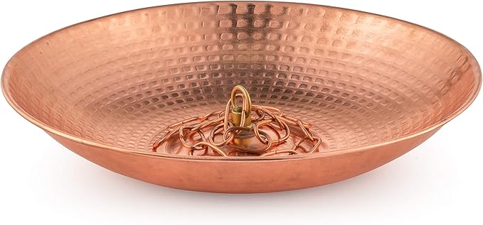 Copper Anchoring Basin – Hammered Metal Bowl for Rain Chain Downspout Gutters – Beautiful Decorative Fountain Dish Display for Outdoor Garden, Lawn & Patio Water Feature – 11” Wide x 2” High